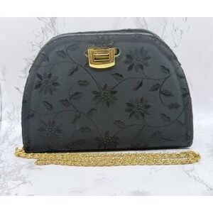 Frenchy of California Black Floral Embroidered Clutch Gold Chain Strap 23" drop